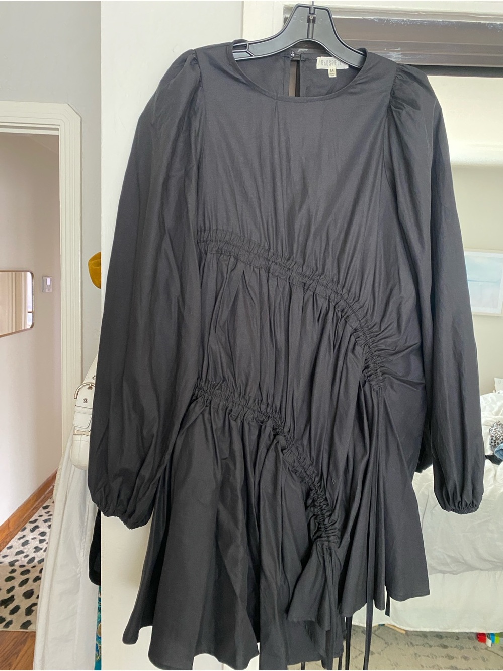 Ghospell Black Gathered Long-Sleeve Midi Dress